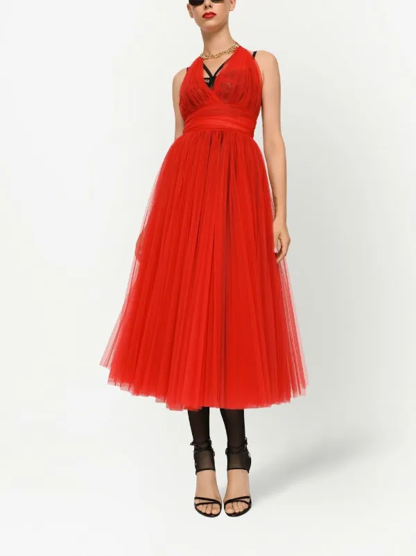 Dolce & Gabbana Tulle Halterneck Midi Dress | Red | FARFETCH
