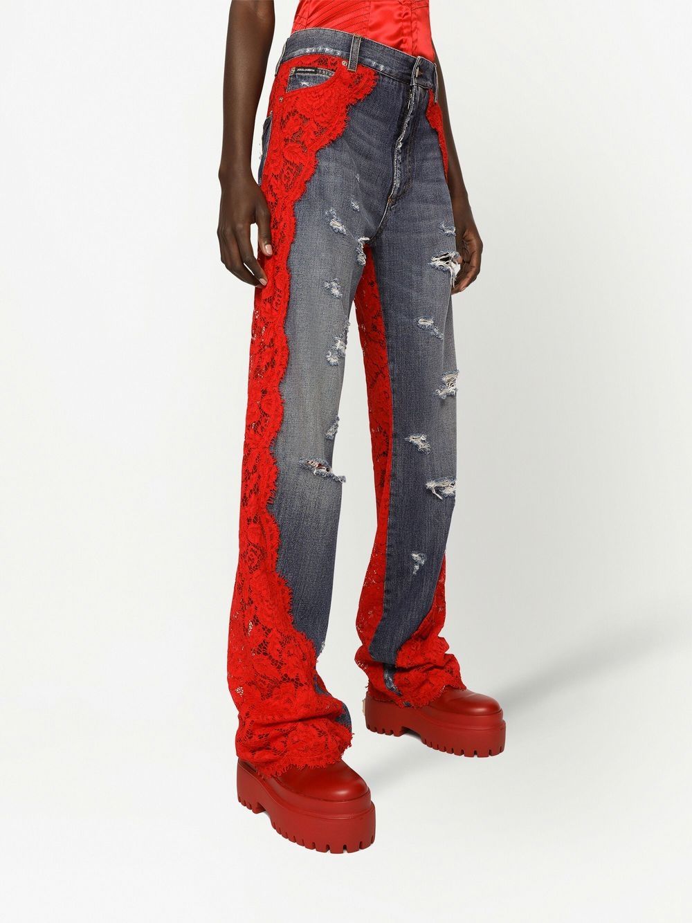 Shop Dolce & Gabbana Floral-lace Wide-leg Jeans In Red