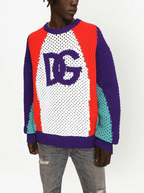 トップス dolce&gabbana archive hand painted knit DOLCE & GABBANA Sweater Blue Heraldic Patch Striped King Bee
