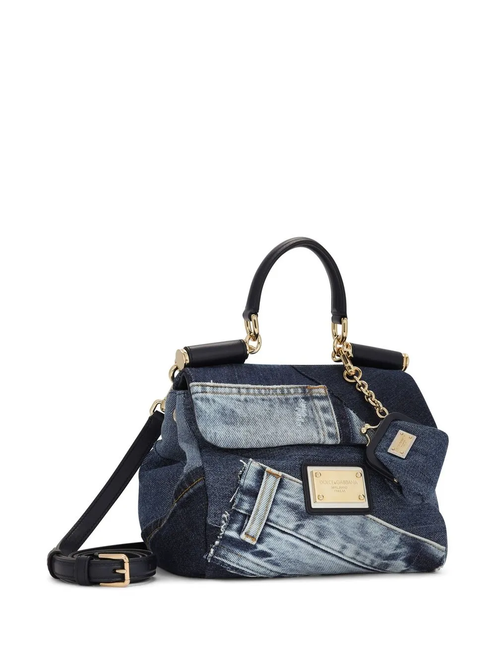 DOLCE & GABBANA SMALL SICILY SOFT PATCHWORK-DENIM TOP-HANDLE BAG