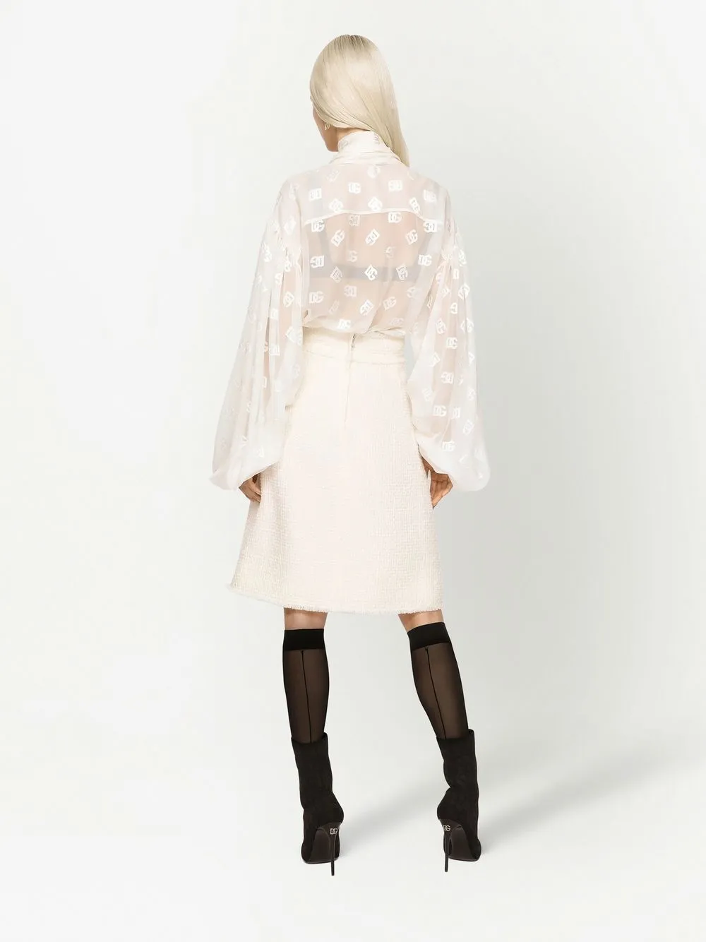 Dolce & Gabbana Devoré Satin Pussy-bow Shirt With All-over Dg Logo In White