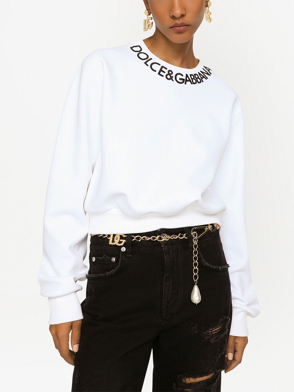Shop Dolce & Gabbana Logo-embroidered Cropped Sweatshirt In White