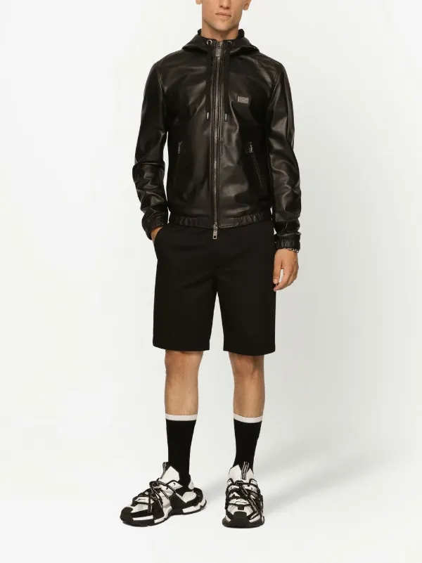 Dolce & Gabbana logo-tag Hooded Leather Jacket | Black | FARFETCH