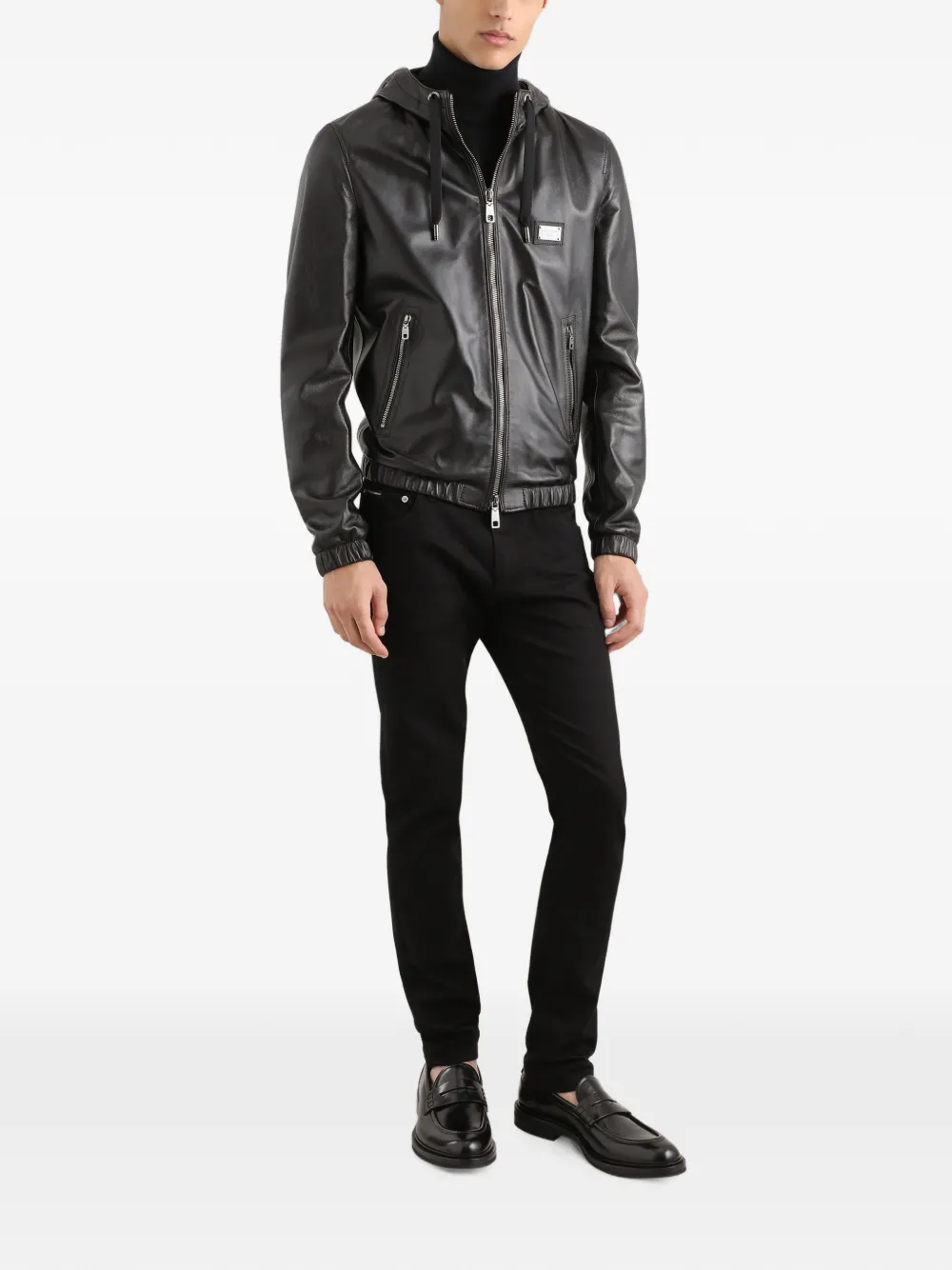 Dolce & Gabbana logo-tag Hooded Leather Jacket | Black | FARFETCH