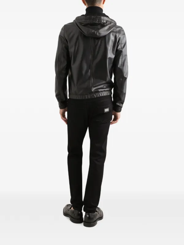 Dolce & Gabbana logo-tag Hooded Leather Jacket | Black | FARFETCH AO