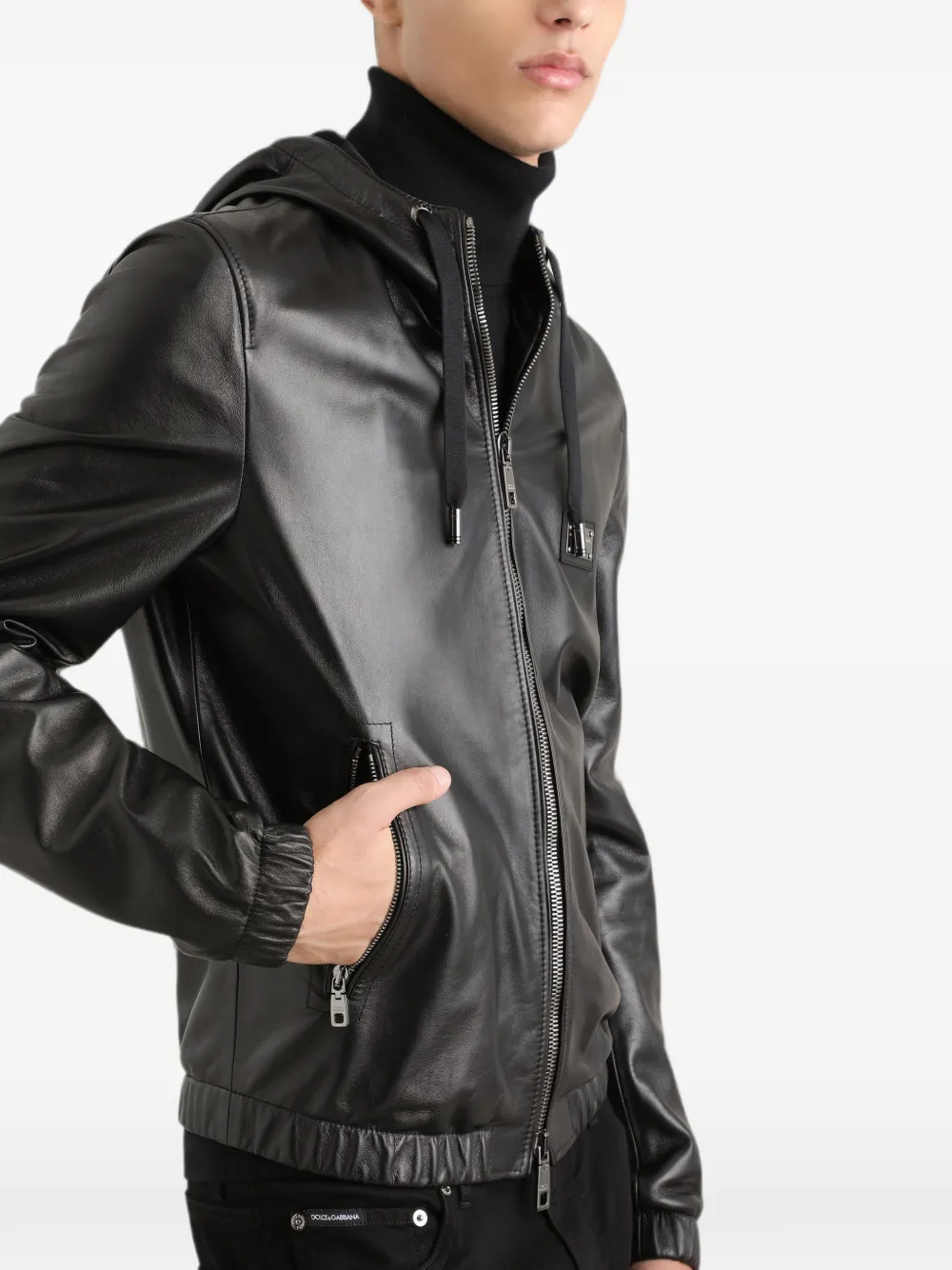 ジャケット・アウター F/W2015 Dolce & Gabbana Leather jacket Dolce & Gabbana logo-tag Hooded Leather Jacket | Black | FARFETCH