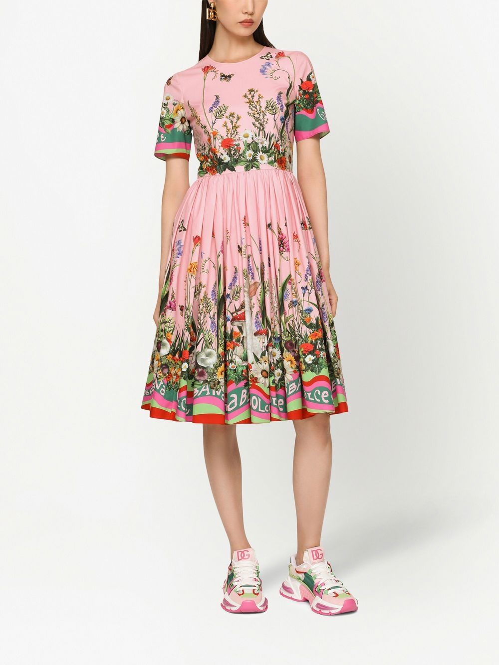 Shop Dolce & Gabbana Floral-print Short-sleeve Midi Dress In Rosa