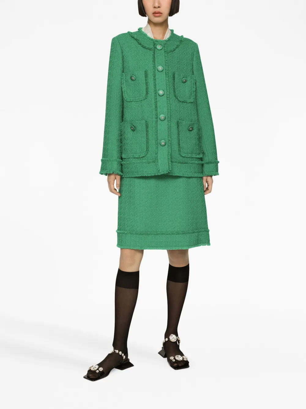 Shop Dolce & Gabbana Bouclé Tweed Jacket In Green