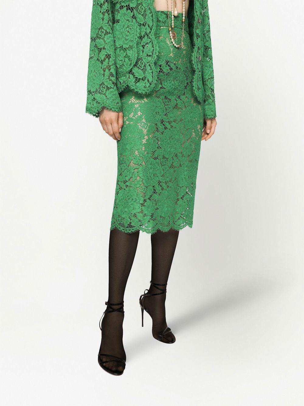 Shop Dolce & Gabbana Floral-lace High-waisted Midi Skirt In Green