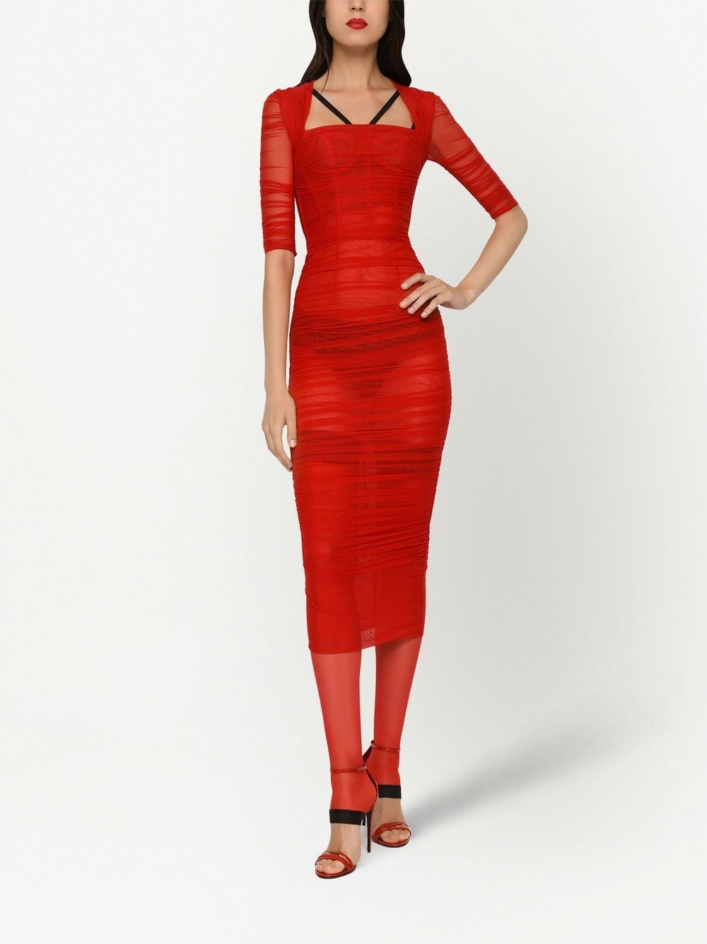 Shop Dolce & Gabbana Draped-detail Tulle Midi Dress In Red