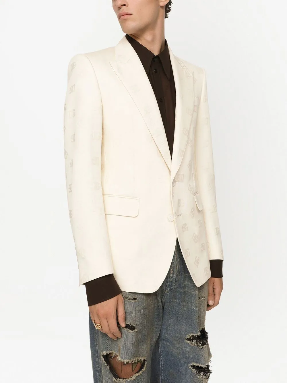 Shop Dolce & Gabbana Dg-logo Jacquard Single-breasted Blazer In Neutrals