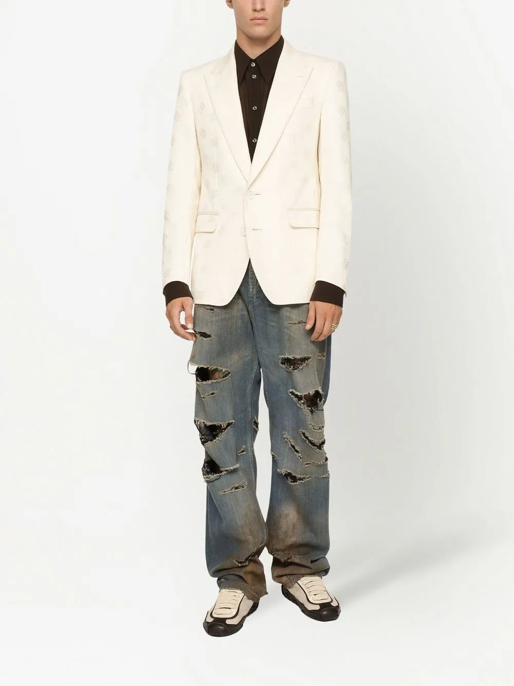Dolce & Gabbana Logo-jacquard Single-breasted Blazer In Neutrals