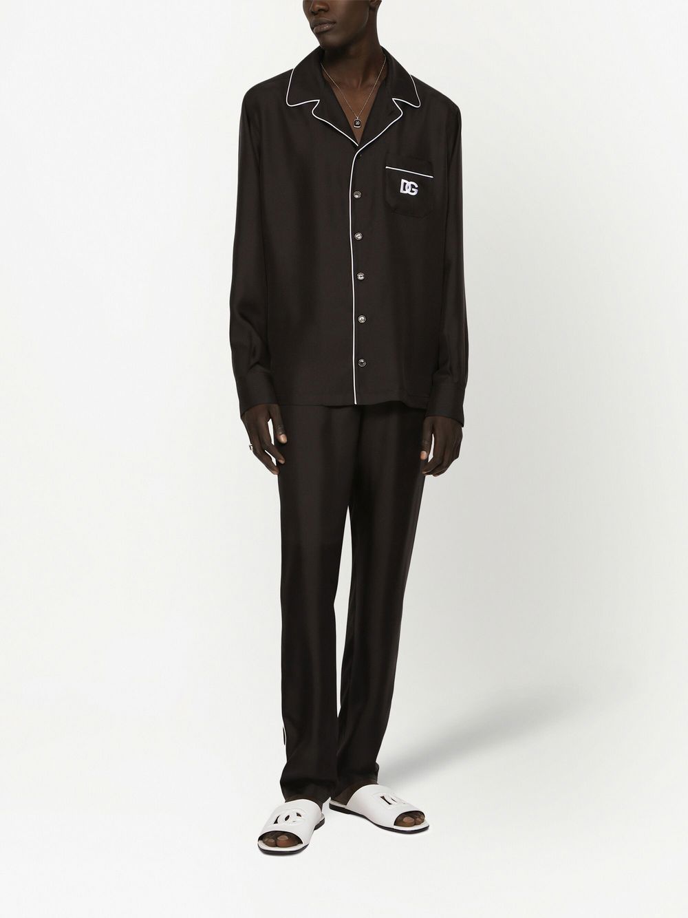 Shop Dolce & Gabbana Logo-embroidered Silk Pajama Shirt In Black