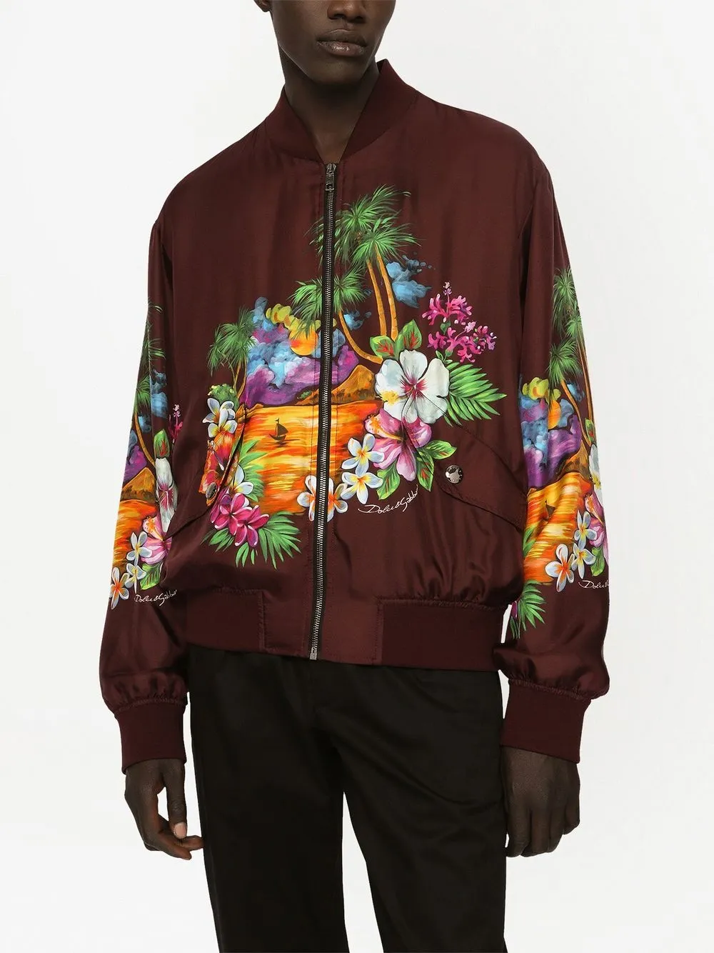 Shop Dolce & Gabbana Island-print Silk Bomber Jacket In Red