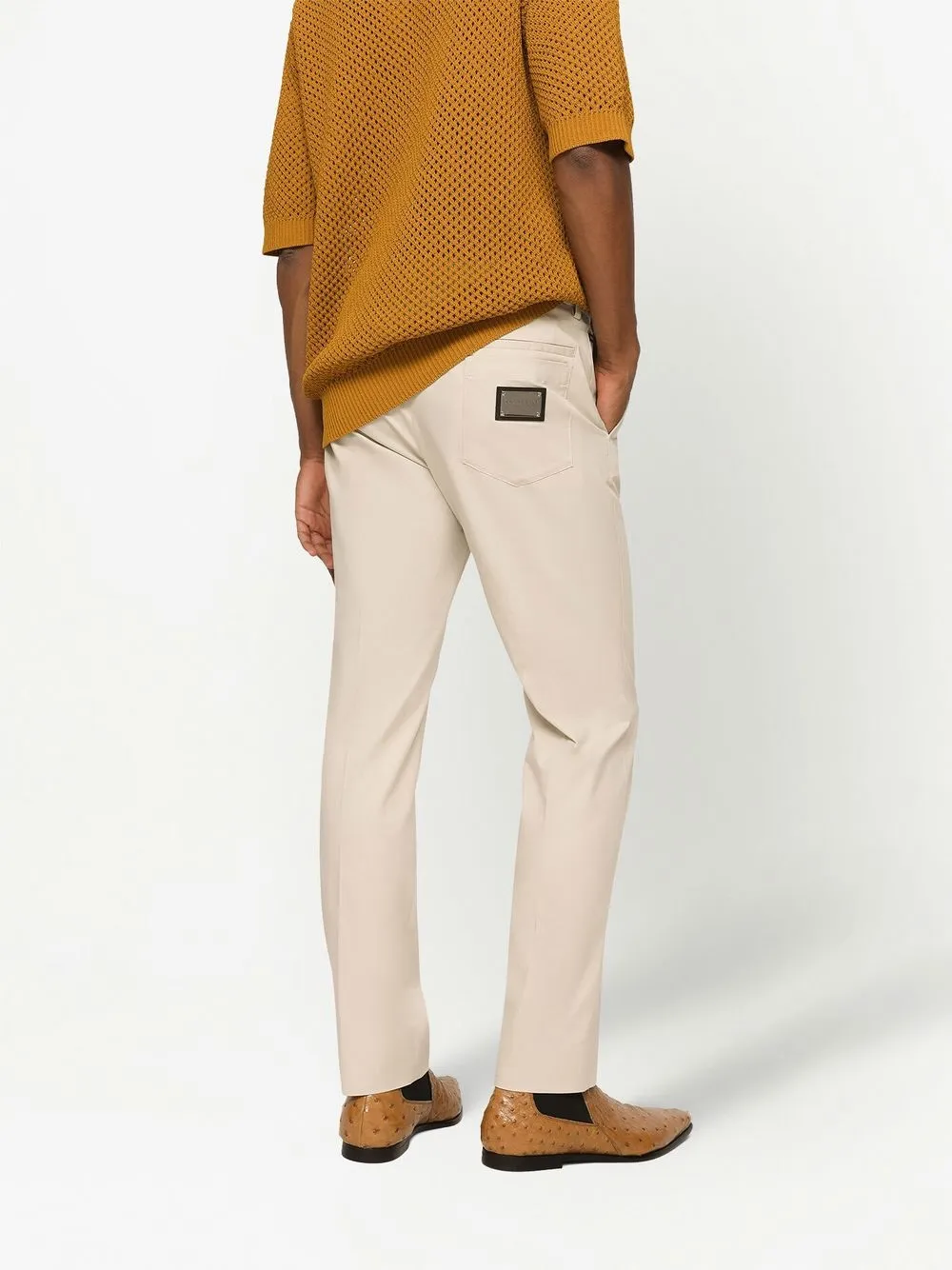 Dolce & Gabbana Stretch Cotton Pants With Branded Tag In Neutrals