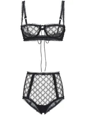 Gucci Gg Logo Sheer-lace Lingerie Set - Woman Underwear Black Xs