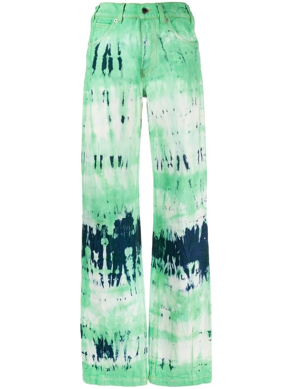 Darkpark Flamed Tie Dye Cotton Wide Jeans In Green