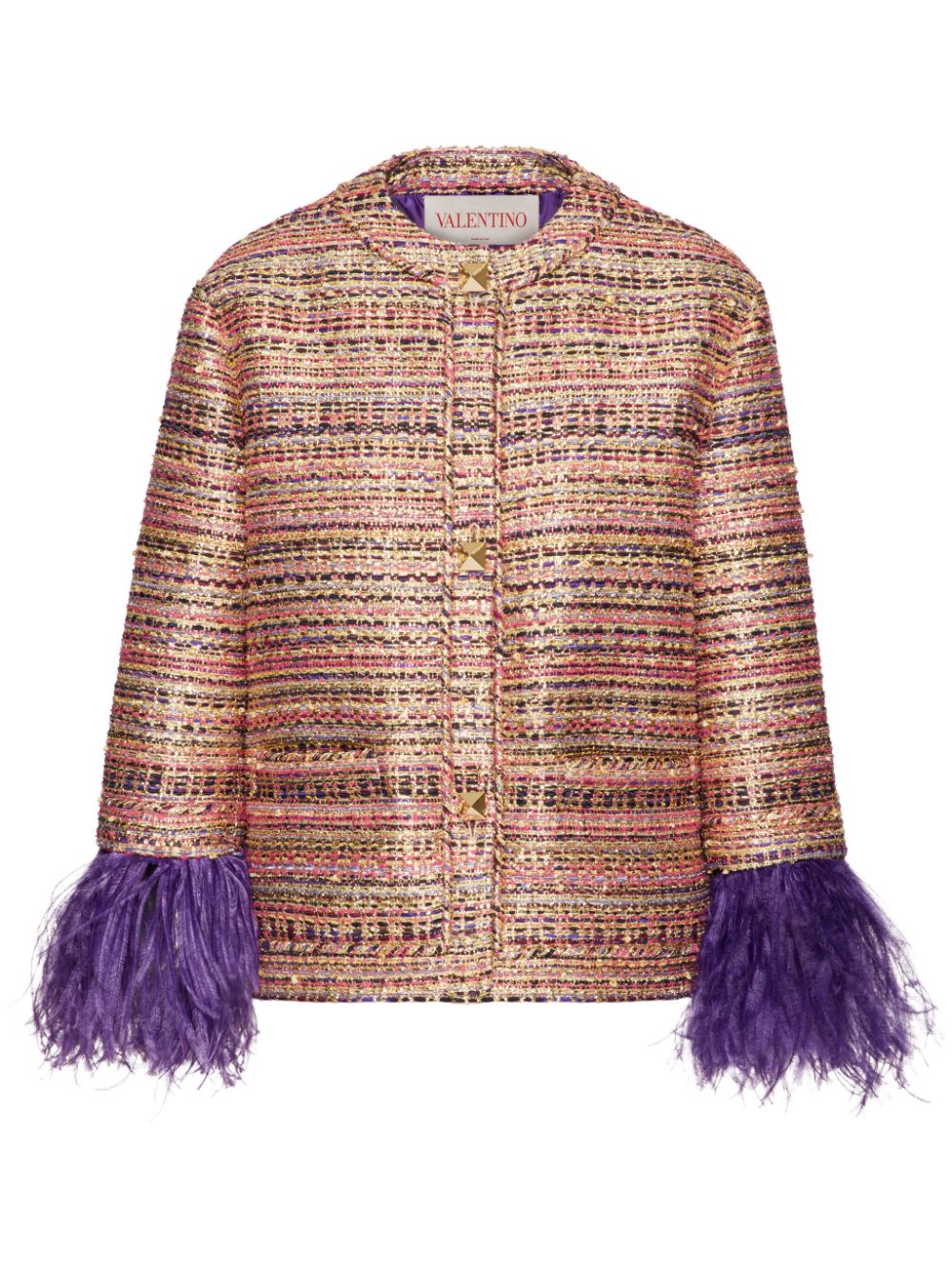 Shop Valentino Tweed Party Feather-trim Jacket In Neutrals