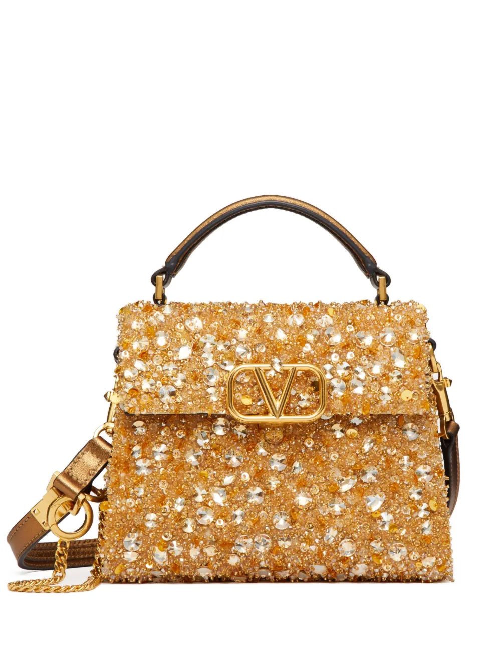 Shop Valentino Mini Vsling Embellished Handbag In Gold