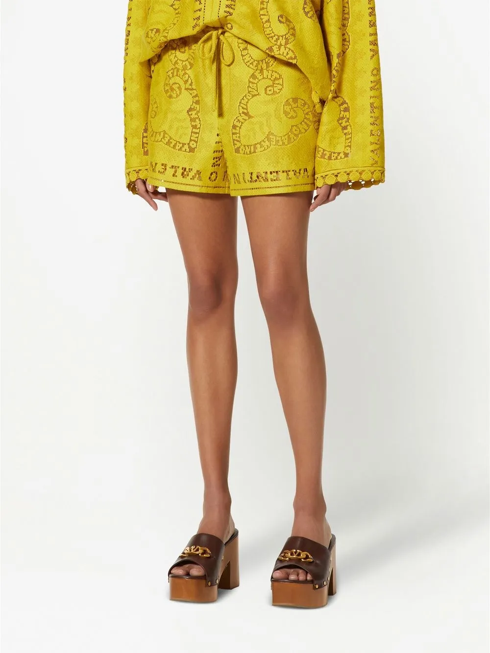 Valentino Embroidered Drawstring Cotton Shorts In Yellow