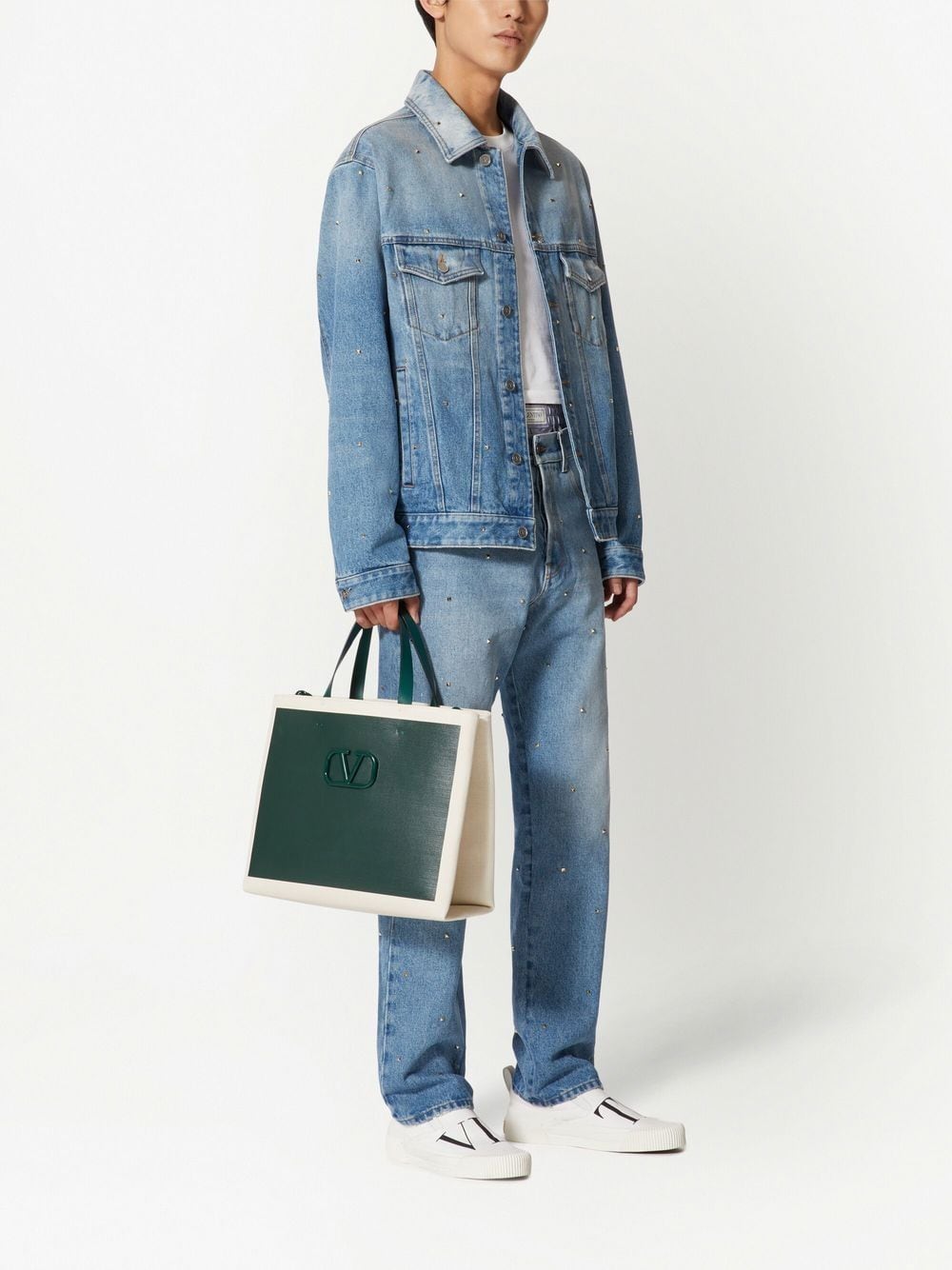 Shop Valentino Rockstud Spike Studs Denim Jacket In Blue