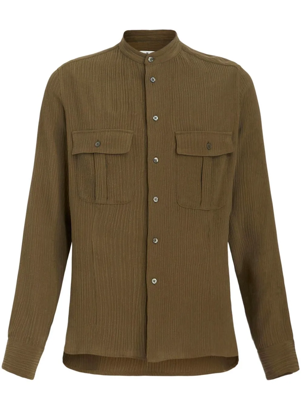 Etro Silk Band-collar Long-sleeve Shirt In Green