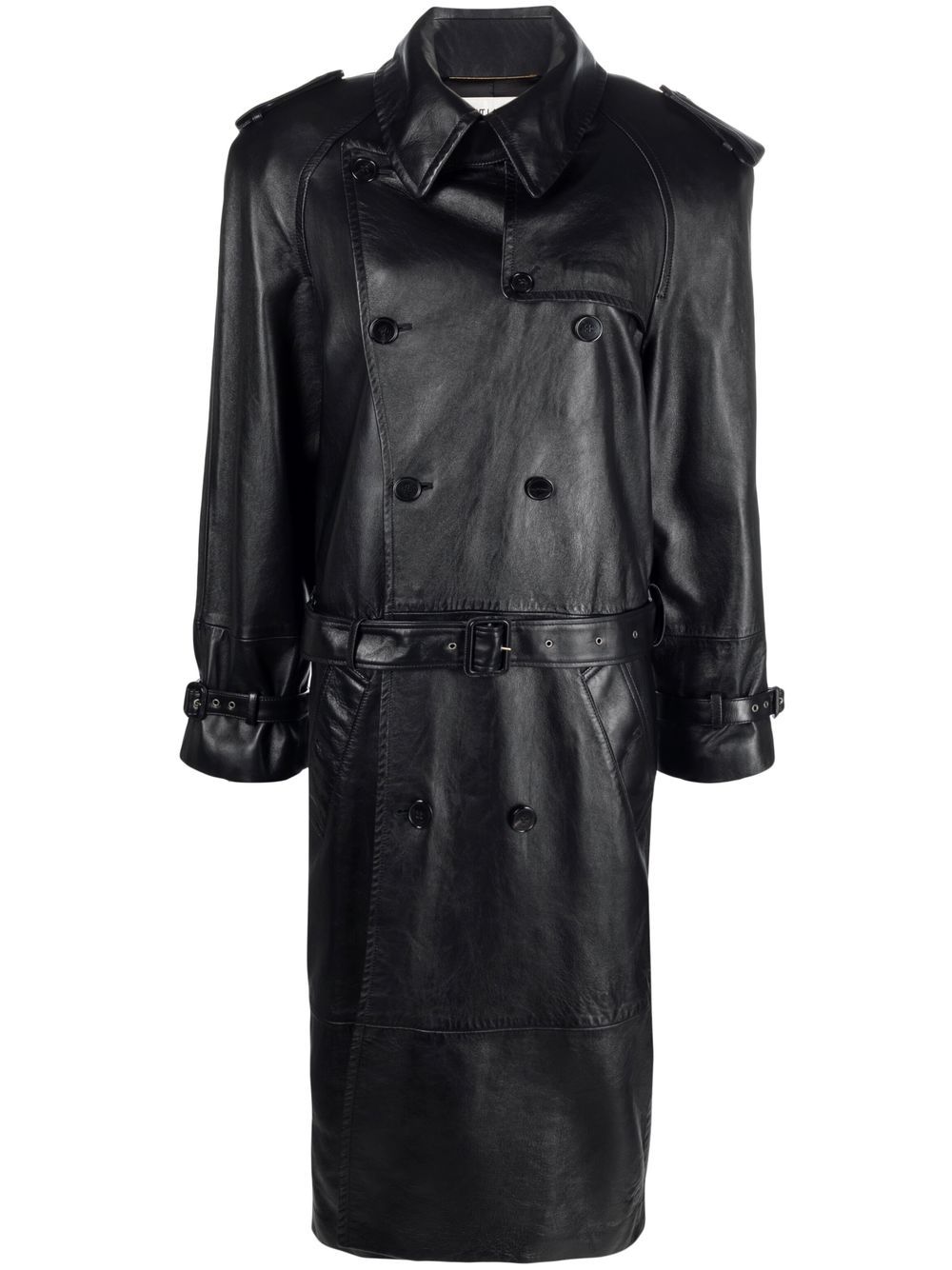 saint laurent leather double-breasted coat - black