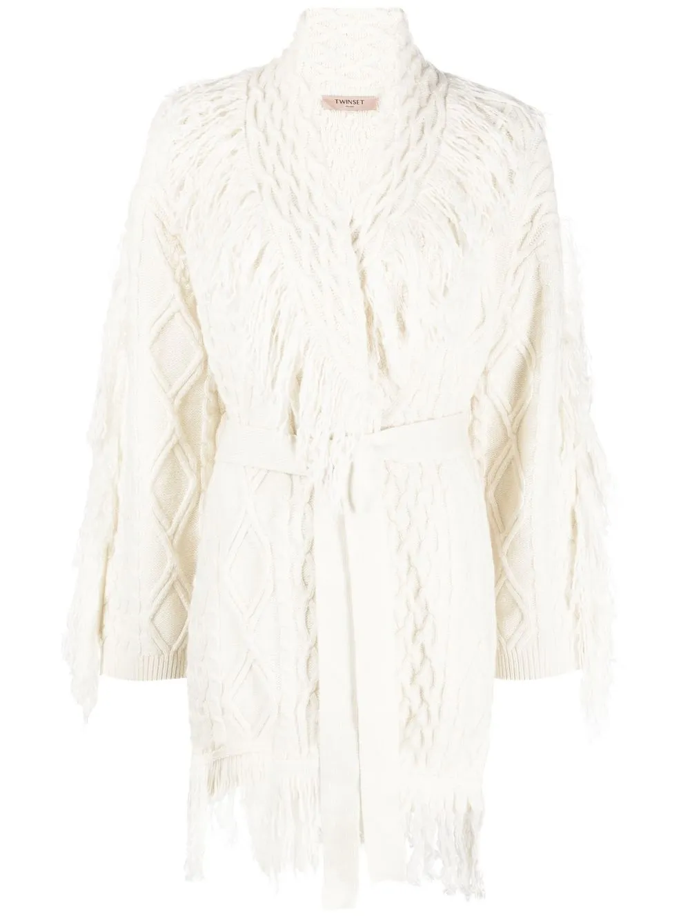 

TWINSET fringe-detail cable-knit belted cardigan - White