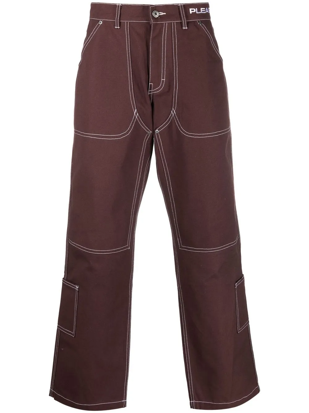 Pleasures embroidered-logo straight-leg trousers - Brown