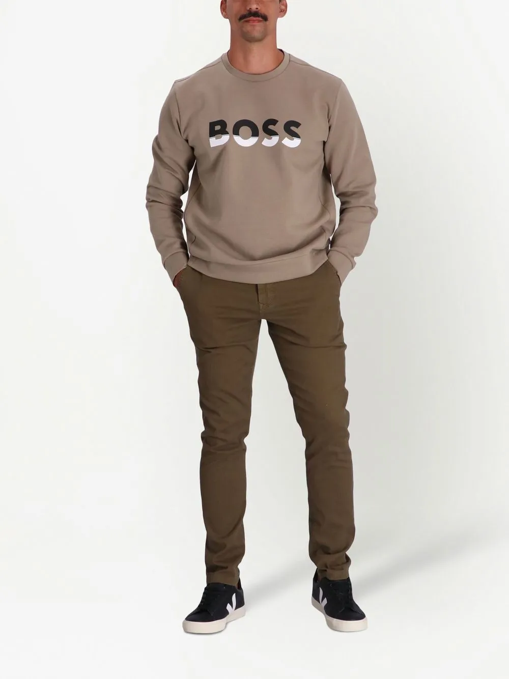 BOSS Sweater met logoprint - Beige