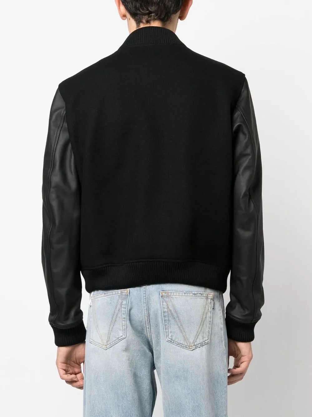 Patch Leather Sleeve Varsity Jacket Black In Black,orange
