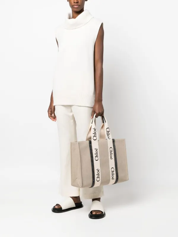 Chlo Large Woody Linen Tote Bag Farfetch