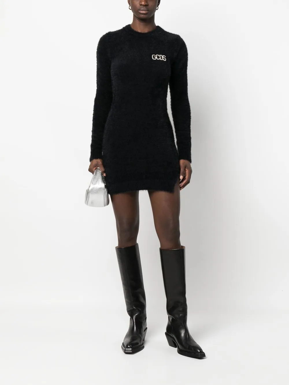 Shop Gcds Crystal-logo Brushed Mini Dress In 黑色