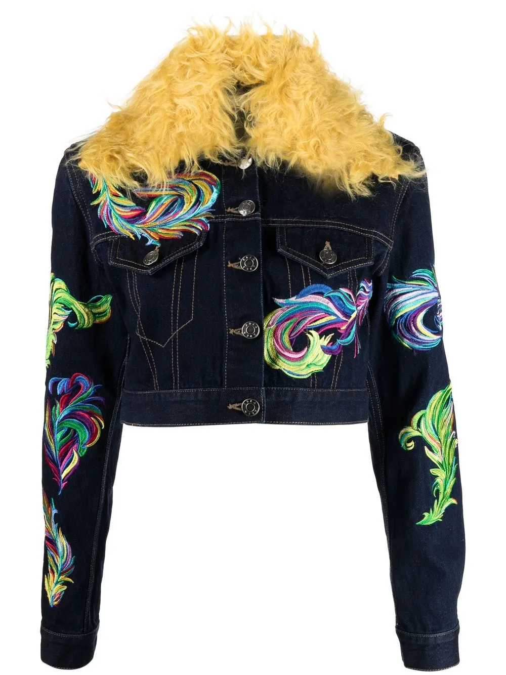 

AREA contrast-collar feather-embroidered denim jacket - Blue