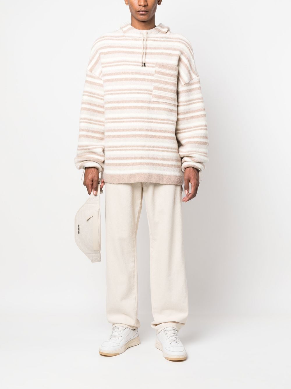 Shop Jacquemus Striped-pattern Oversized Knitted Hoodie In Neutrals