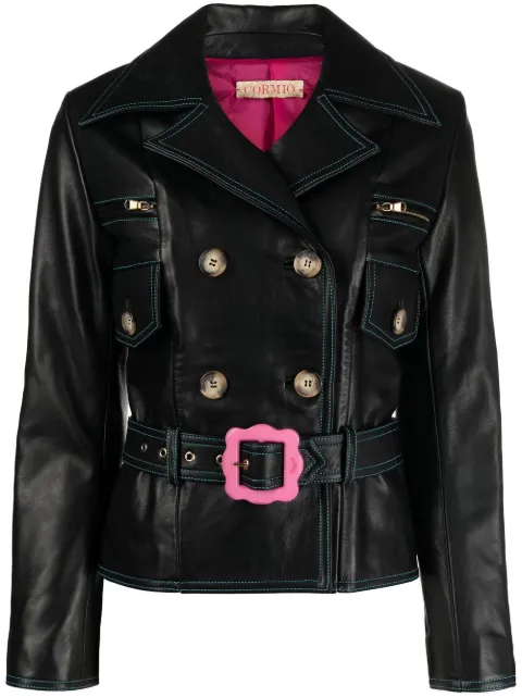 CORMIO double-breasted belted leather jacket