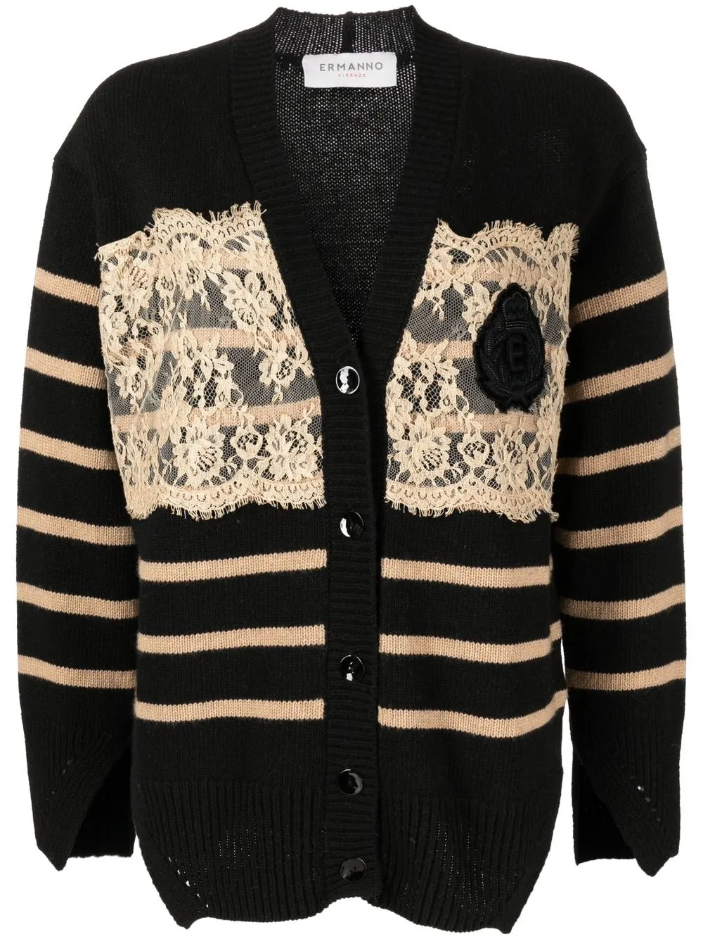 

ERMANNO FIRENZE lace-panel stripe-knit cardigan - Black