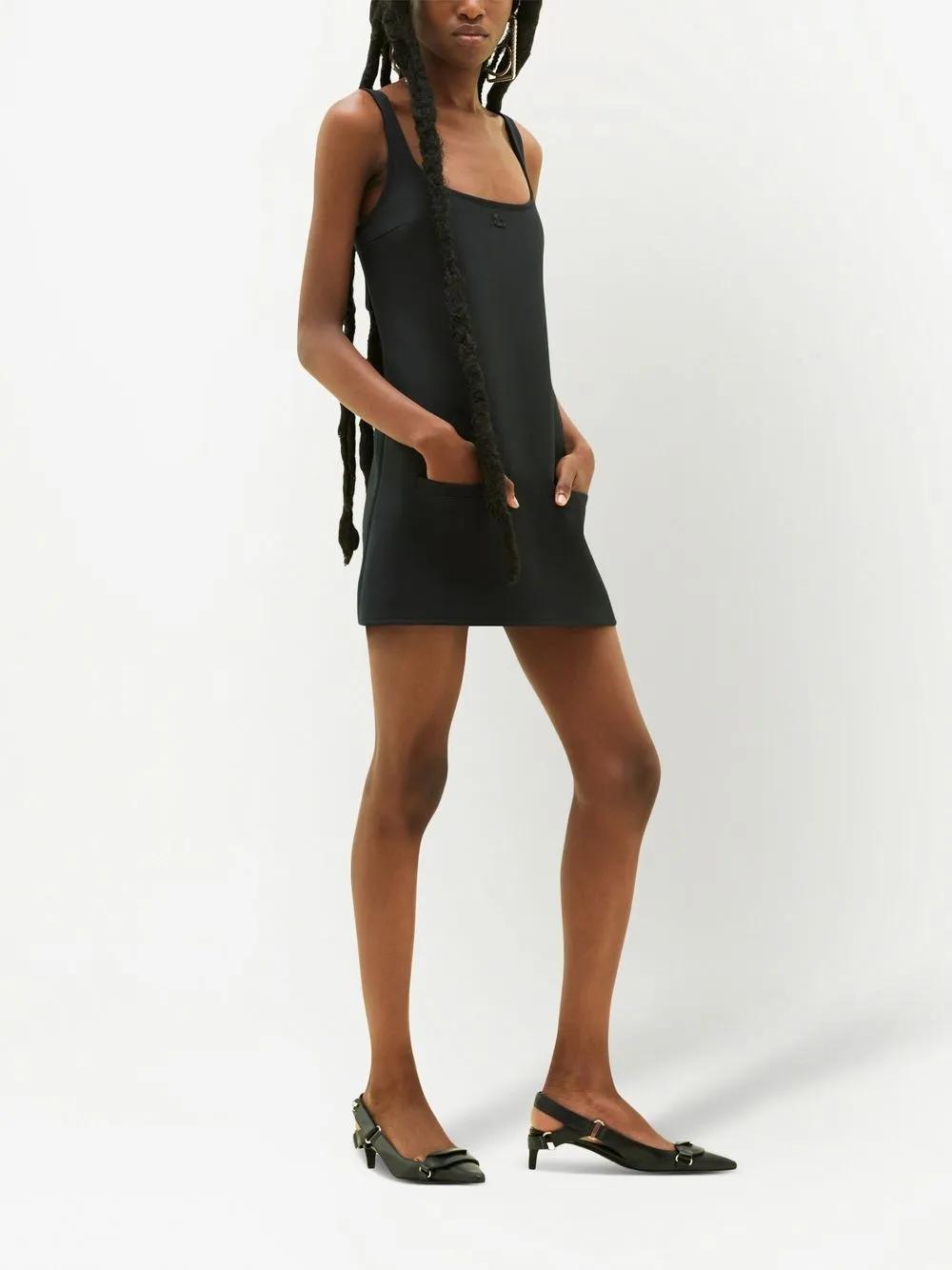 Courrèges Twill Suspenders Trapeze Mini Dress With Logo Detail In Schwarz