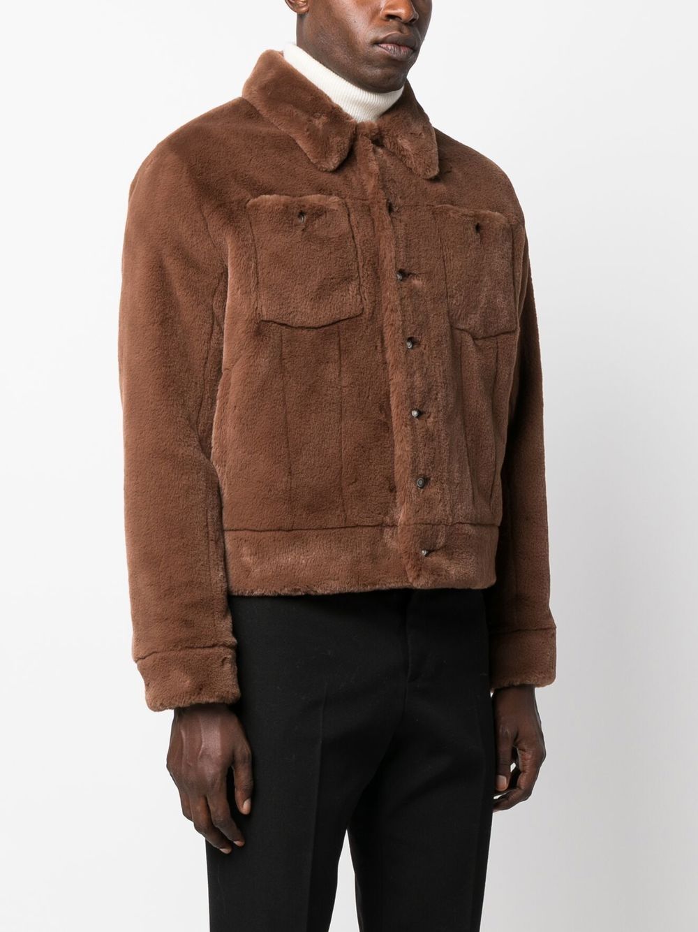 Shop Saint Laurent Faux-fur Denim Jacket In Brown