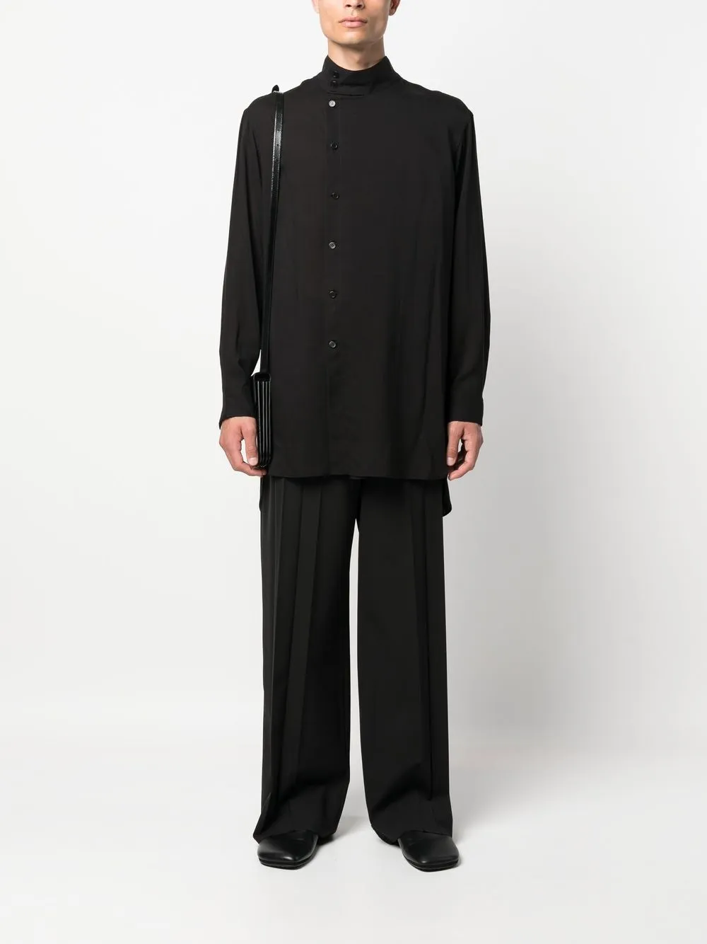 yohji-yamamoto-high-neck-buttoned-long-shirt-in-black-modesens