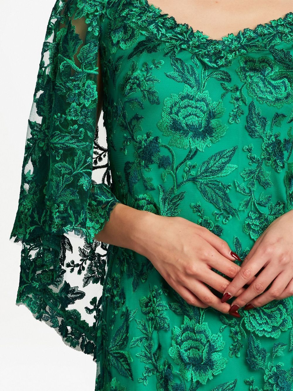 Tadashi Shoji Lace Cape Embroidered Floral Gown In Pine | ModeSens