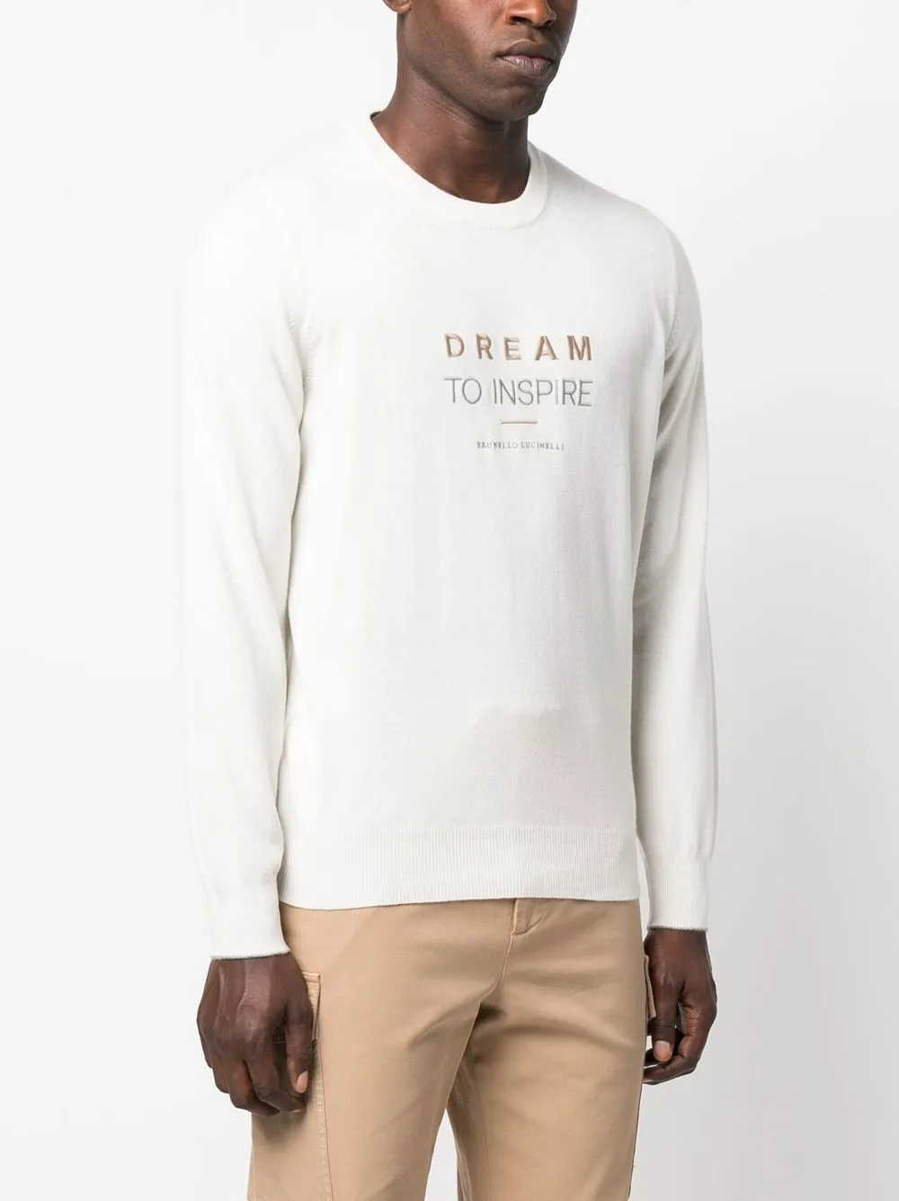 Brunello Cucinelli Embroidered-slogan Cashmere Jumper In White