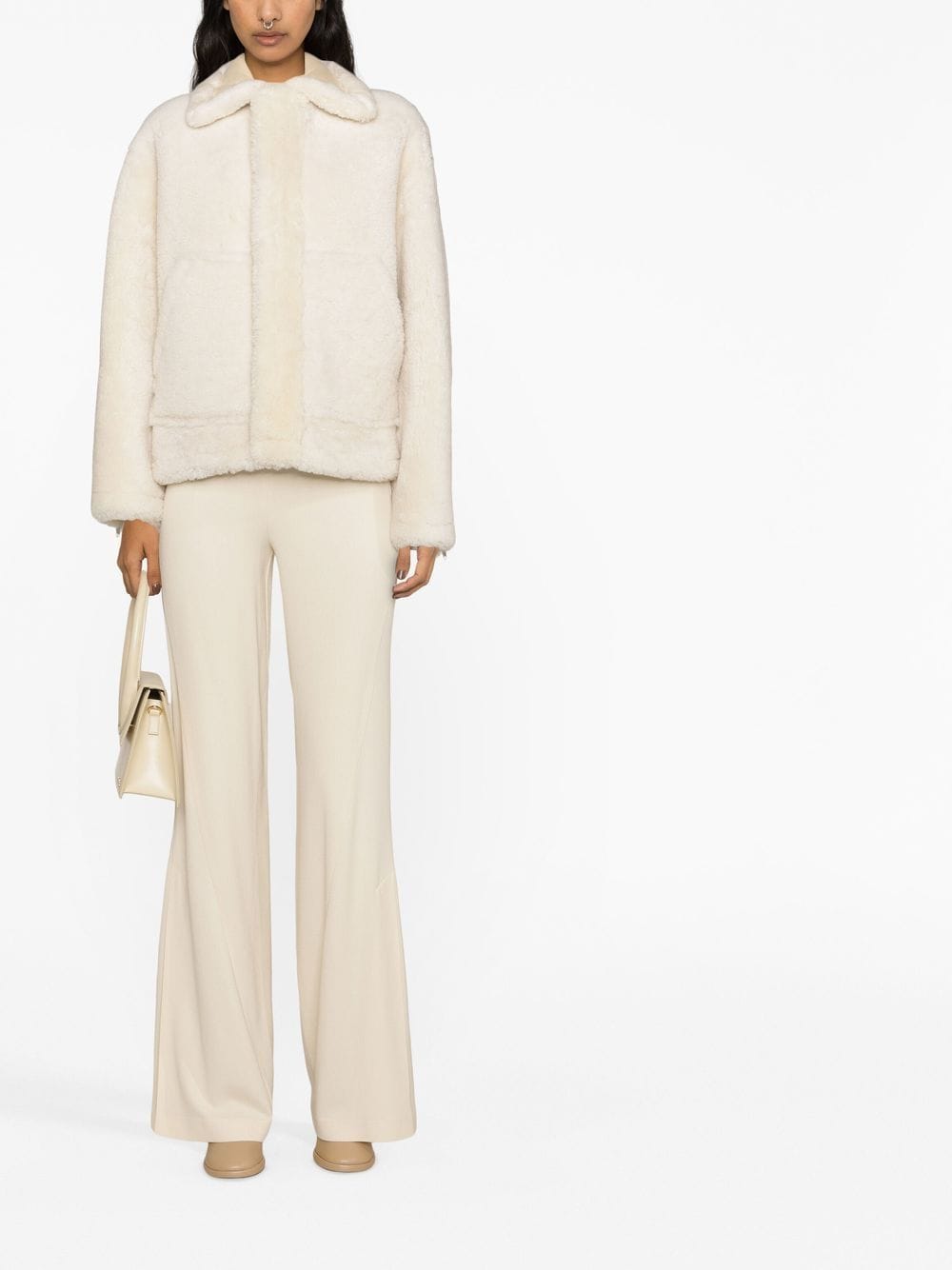 Shop Jacquemus Spread Collar Shearling Jacket In White