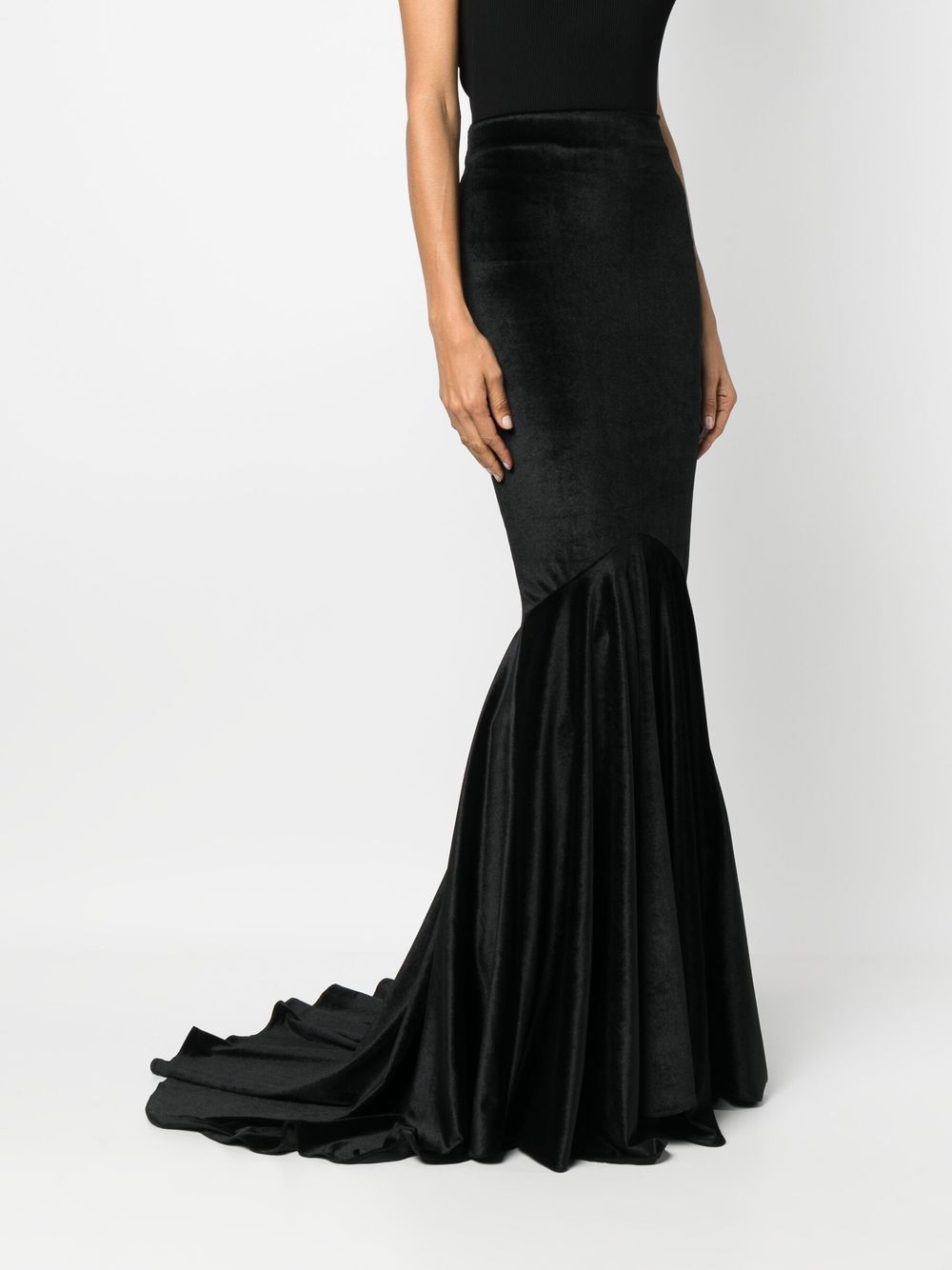 Shop Atu Body Couture High-waisted Fishtail Maxi Velvet Skirt In Black