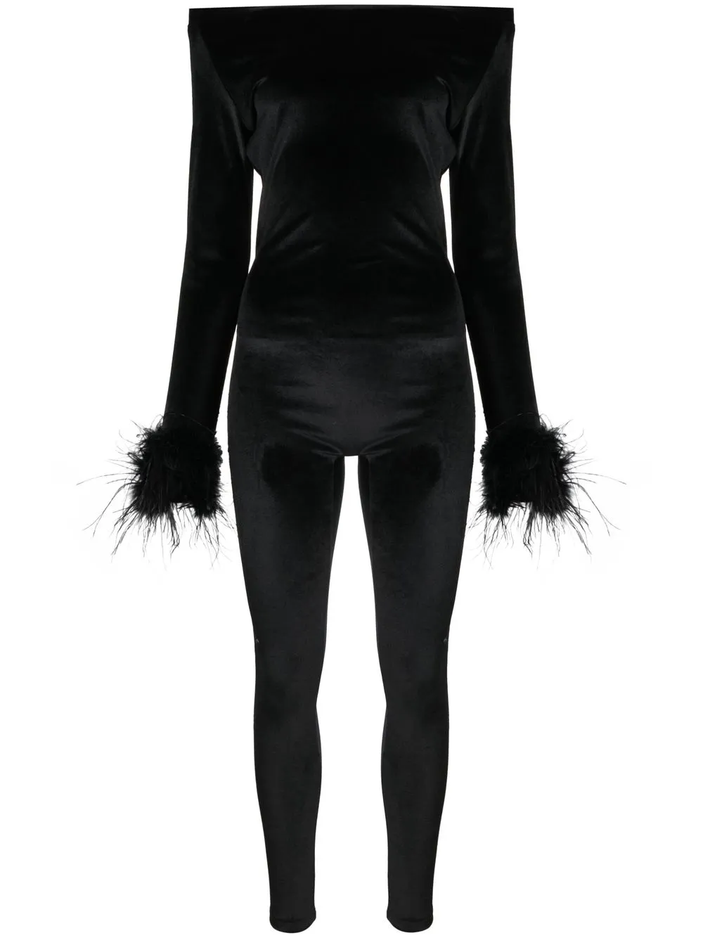 

Atu Body Couture feather-cuffs off-shoulder velvet jumpsuit - Black