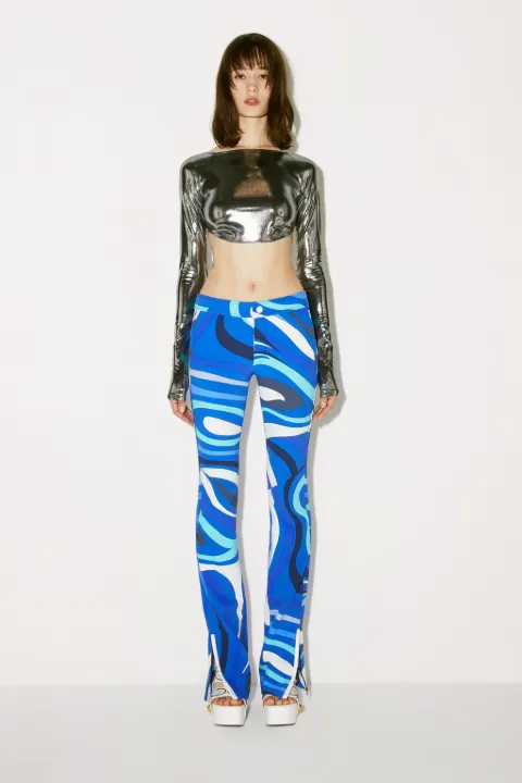 Marmo-Print Zip-Cuff Flared Trousers