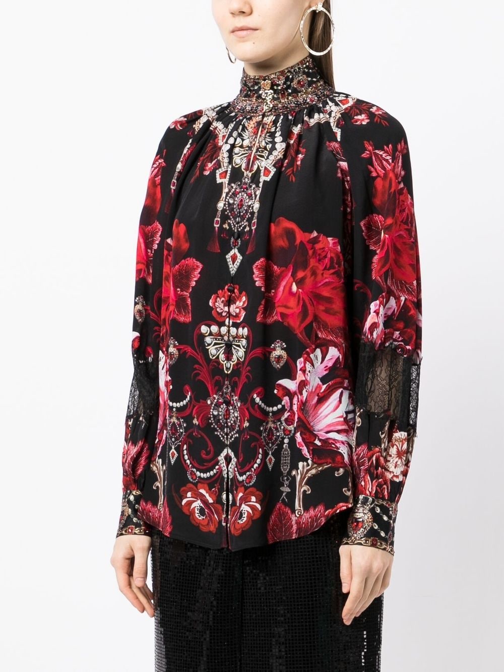 Shop Camilla Floral-print Buttoned High-neck Blouse In Black