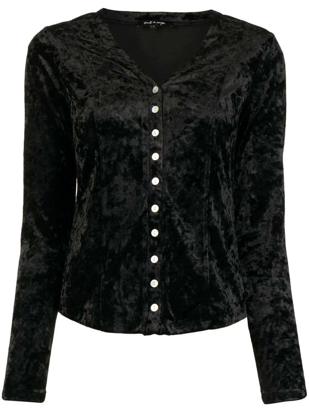 Tout A Coup Crushed Velvet Button-front Blouse In Black