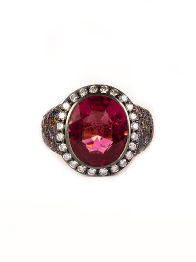 Villa Milano - Micromosaic ring with rubellite, multicolor sapphires pavé and diamonds