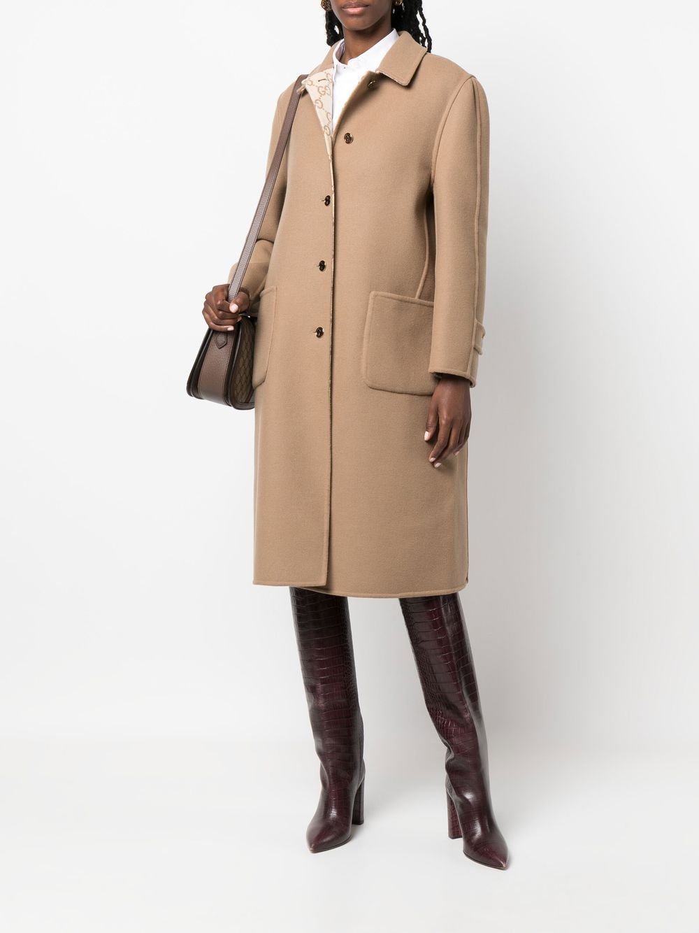 Shop Gucci Reversible Gg-print Wool Coat In Brown